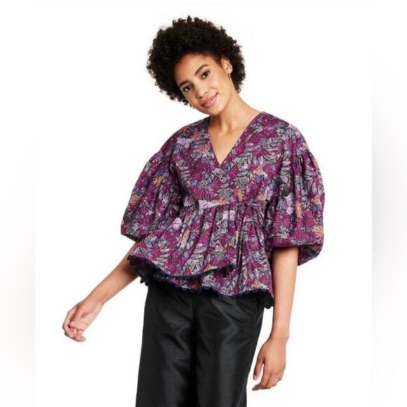 Kika Vargas x Target Floral Cotton Wrap Scalloped Edge Puff Sleeve‎ Top- Large - Picture 1 of 10